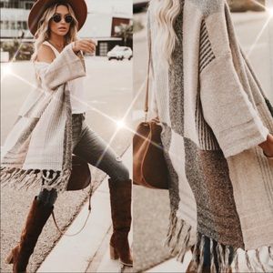 Vici Neutral Patchwork Fringe Open Cardigan - Beige & Cream